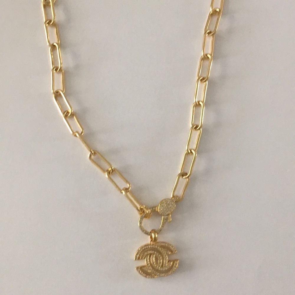 Gold necklace with CZ clasp & charm